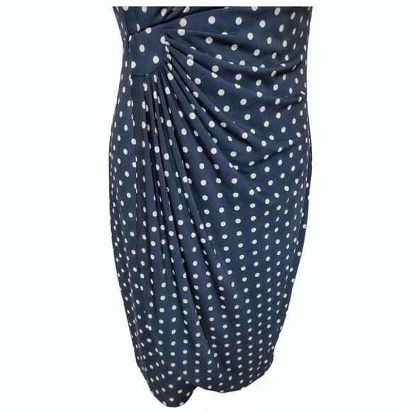 CONNECTED Petite Navy Polka Dot Dress Size 12 Cap Sleeves Stretch Knit Pleated - Picture 8 of 11